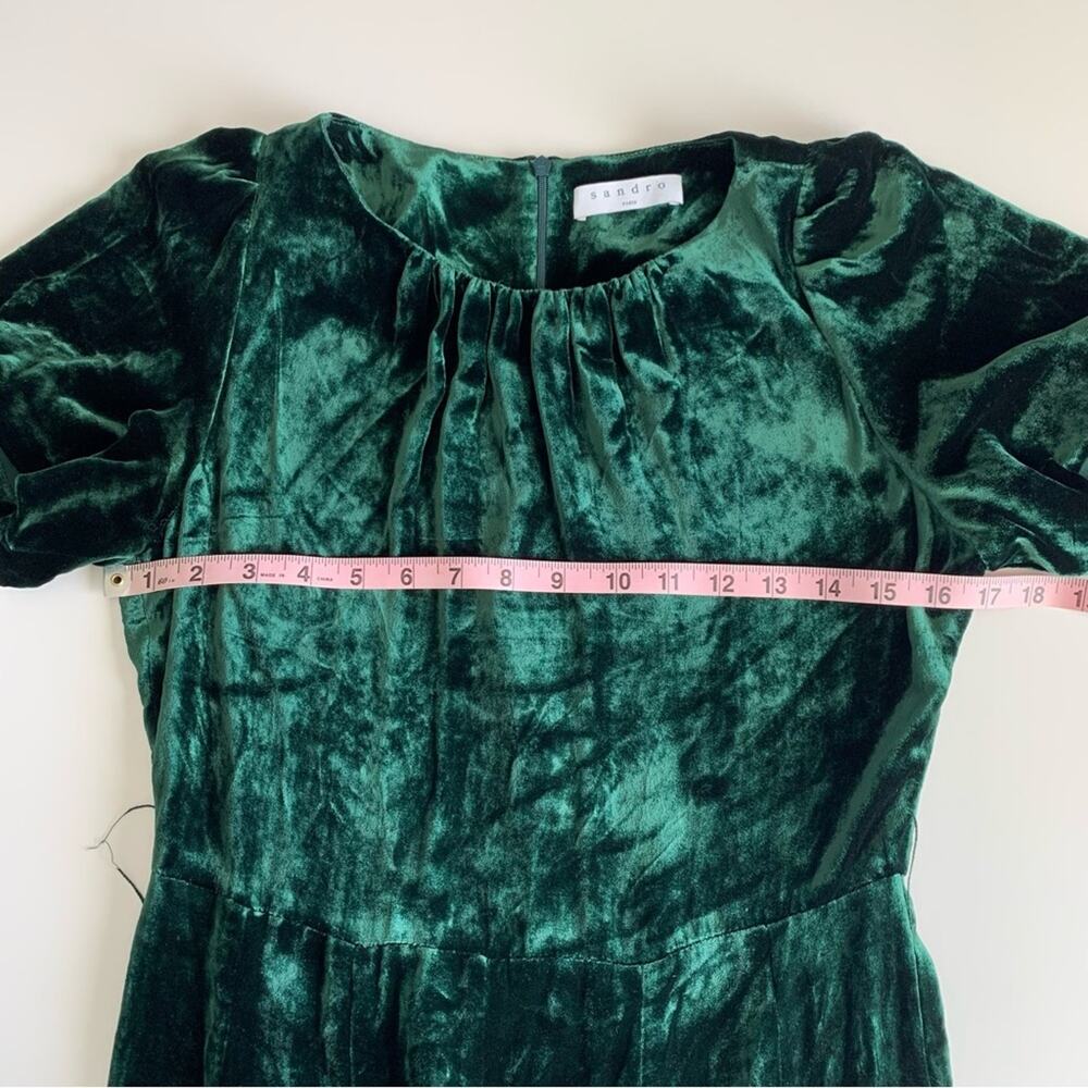Sandro Stuarty Dark Green Velvet Belted Puff Sleeve Mini Dress Size 3 Large - Picture 6 of 14
